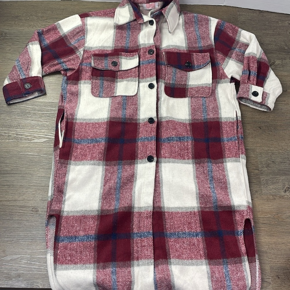 C+D+M Shacket Women Large Long Fleece Duster Jacket Coat Red Blue Tartan Plaid M